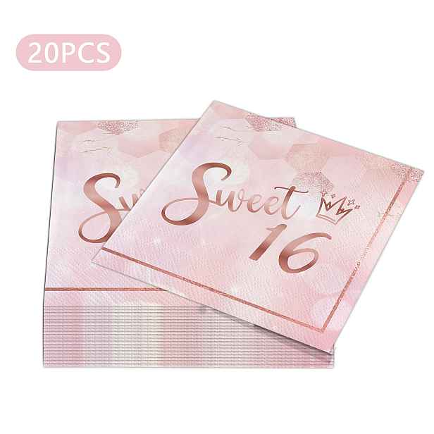 TEMU Sladké dekorace na oslavu Sweet 16, ubrousky Sweet 16, dekorace na 16. narozeniny, jednorázové papírové ubrousky pro oslavu 16. výročí, růžové a