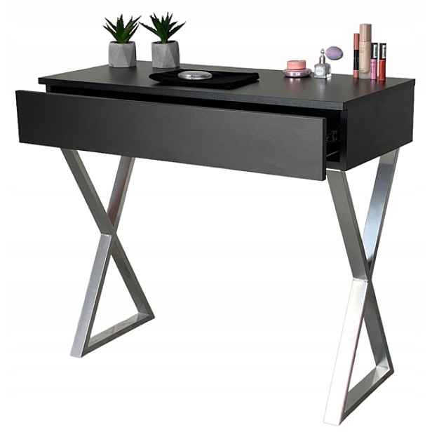 Toaletní Toaletní Stolek Matný Černý Šuplík Stříbrný X Nohy 90 CM