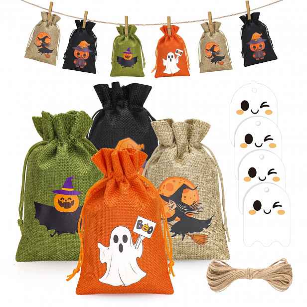 Jutové Sáčky 24 Ks Halloween 13X18 CM Na Bonbóny Se Šňůrkou