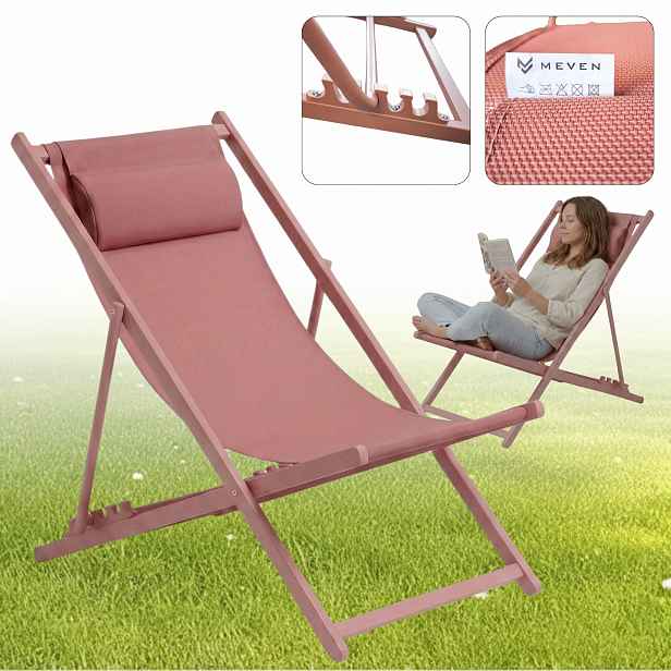 Klasické Zahradní A Plážové Lehátko S Polštářem, Ocelový Rám, Růžová Barva