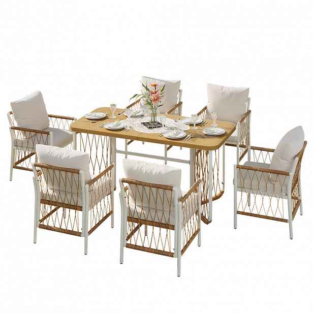 Modfu ZAHRADNÍ jídelní set z železa a polyesteru 159,5x77,5x75 cm béžový, hnědý a přírodní s polštáři pro 6 osob