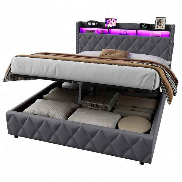 OKWISH ČALOUNĚNÁ postel 160/200 cm tmavě šedá ze sametu, dřeva a kovu s hydraulickým úložným prostorem, LED osvětlením a nabíjecími konektory