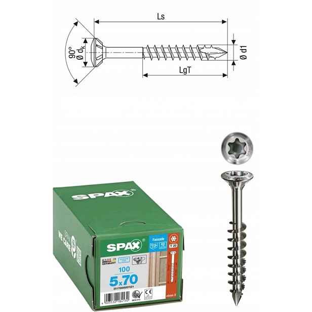 Šroub do fasádní desky spax 5 x 70 Li A2 Tx cut 100 ks