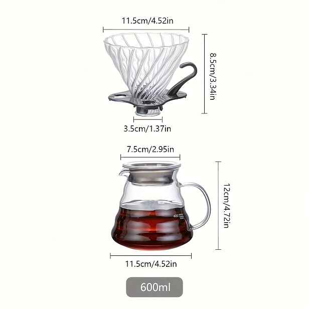 TEMU 2dílná sada pro přípravu kávy metódou Pour Over, sada obsahuje 1 ks ručně vyráběného skleněného dripperu na kávu a 1 ks žáruvzdorného