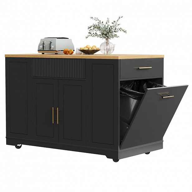 Modfu KUCHYŇSKÝ ostrůvek z MDF a kovu 120x50x92 cm černý s košem, 2 dvířky, 3 zásuvkami a kolečky