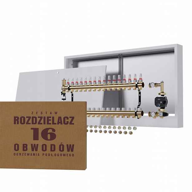 Rozdělovač pro podlahu 16 sekcí s čerpadlem GRUNDFOS+nástěnná skříňka+PEX