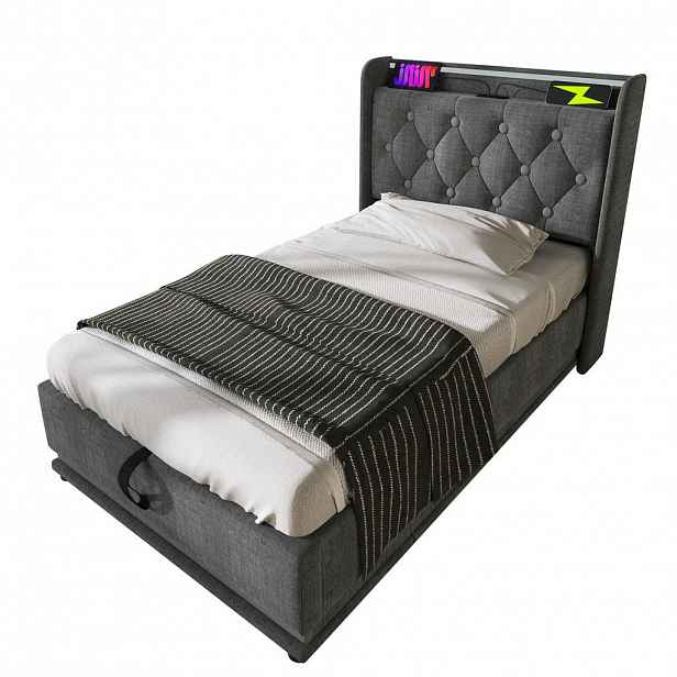 WISHDOR ČALOUNĚNÁ POSTEL 90 × 200 cm v šedém lnu s úložným prostorem, LED osvětlením a USB/USB-C
