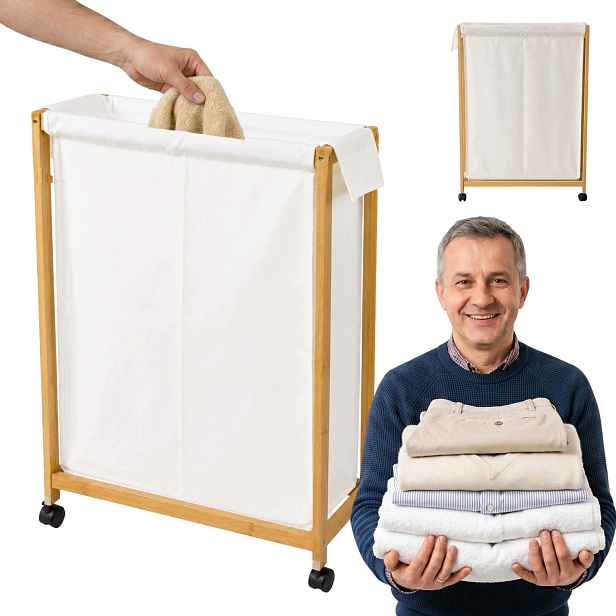 Bambusový Koš Na Prádlo Na Kolečkách 55X28X80 CM Béžový Do Koupelny