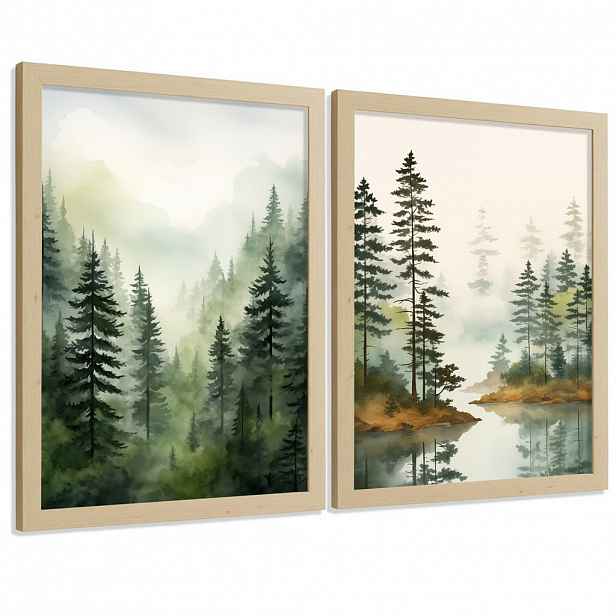Nacnic PLAKAT Sada 2 dekorativních tisků Nordic Forest Landscape Moderní obývák Obrázky - Zelené a hnědé dekorativní plakáty Dekorace Obývací A3 bez r