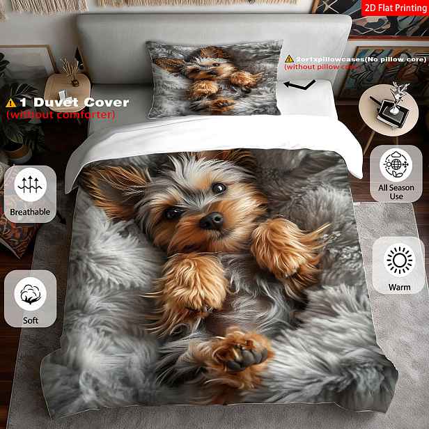 TEMU 2/3dílná 2D plochá tisková Yorkshire Terrier portrétní potisk pro dekoraci ložnice, prostěradla, povlak na přikrývku, povlaky na polštáře (1 x