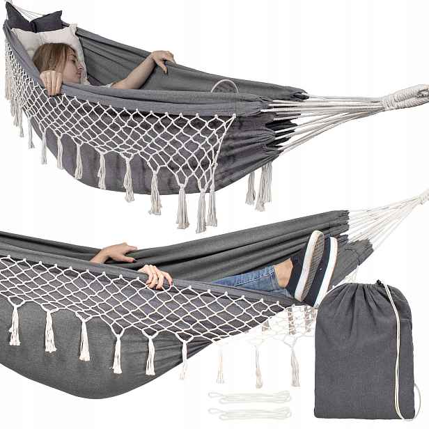 Hamak Boho Třásně XXL 260CM Dvoulůžkový Polštáře Houpačka 200x150 cm Silný