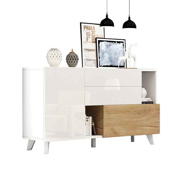 Redom SIDEBOARD 130/40/70 cm s bezúchytkovým otevíráním, úložným prostorem a otevřenými policemi, Bílá + dub světlý
