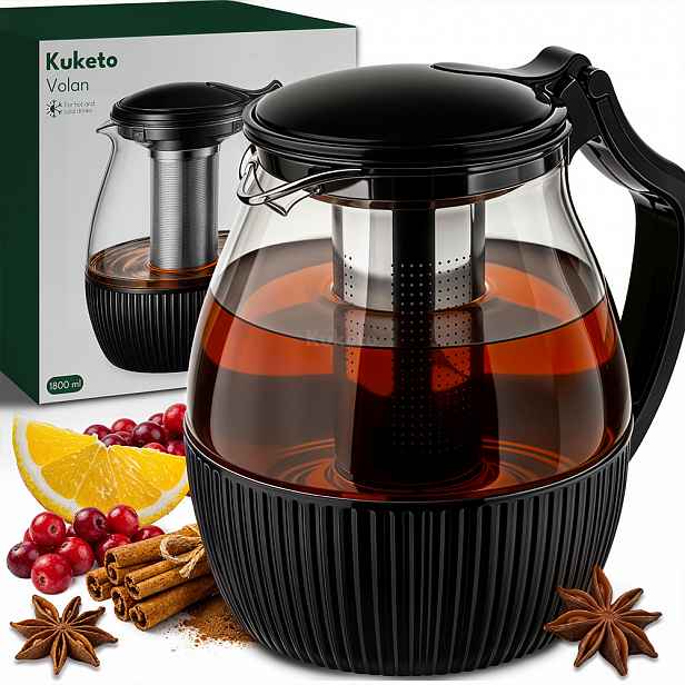 TEMU Čajová konvice - 1,8 l skleněná konvice s nerezovým infuzérem na čaj, kávu a bylinné , žáruvzdorná, ergonomická konvice s filtrem, černá,