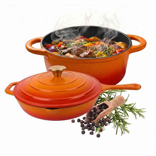 Set Hrnec Hrnec Pánev 26 CM Smaltovaná Poklice Oranžová Indukce
