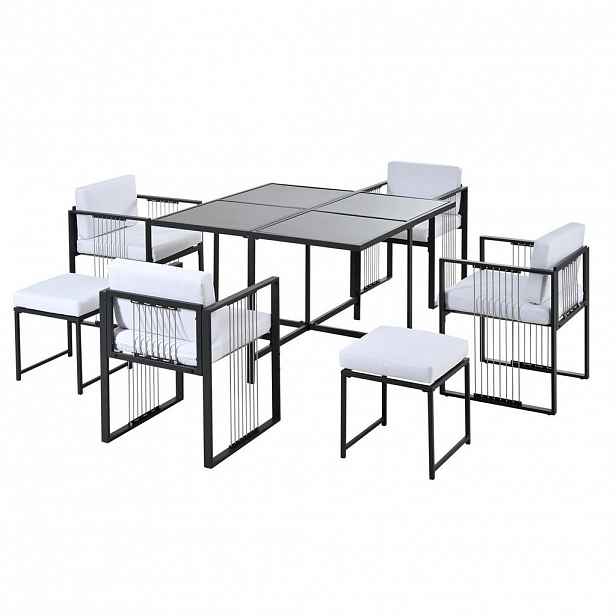 Modfu ZAHRADNÍ jídelní set z kovu a skla 117x117x73 cm černobílý pro 6 osob s odolnou konstrukcí