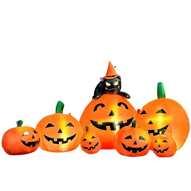 Nafukovací Halloweenská Led Dýně 180 CM S Černou Kočkou Pro Zahradu A Dvůr