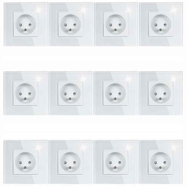 12x Bílá Elektrická Zásuvka Jednoduchý Skleněný Panel Kolík Uzemnění