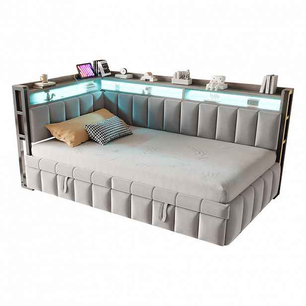 WISHDOR ROZKLÁDACÍ POHOVKA 90 × 200 cm / 90 × 190 cm ve světle šedém sametu s LED osvětlením, USB a odkládací policí