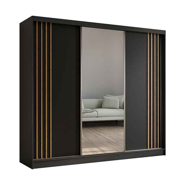 MASSENO ŠATNÍ SKŘÍŇ S POSUVNÝMI DVEŘMI NELVIA, 240/216/61 cm 3dveřová se zrcadlem, černá
