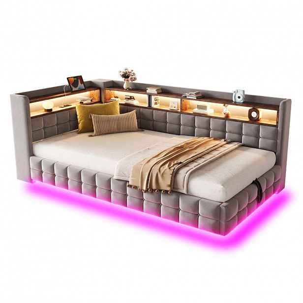 Modfu ČALOUNĚNÁ postel ze sametu 90x200 cm světle šedá s LED osvětlením, USB, USB-C, zásuvkou a hydraulickým úložným prostorem