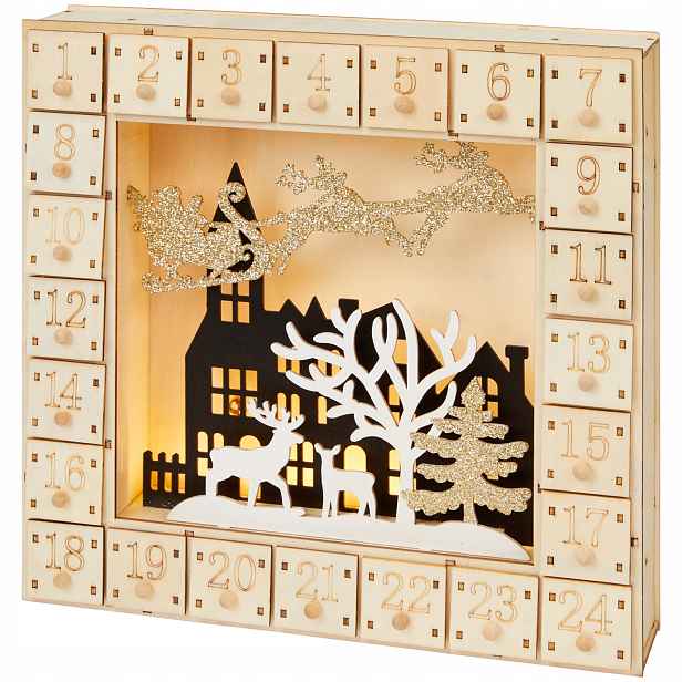 Adventní Kalendář Dřevo S Led Osvětlením Sněhulák Na Lyžích