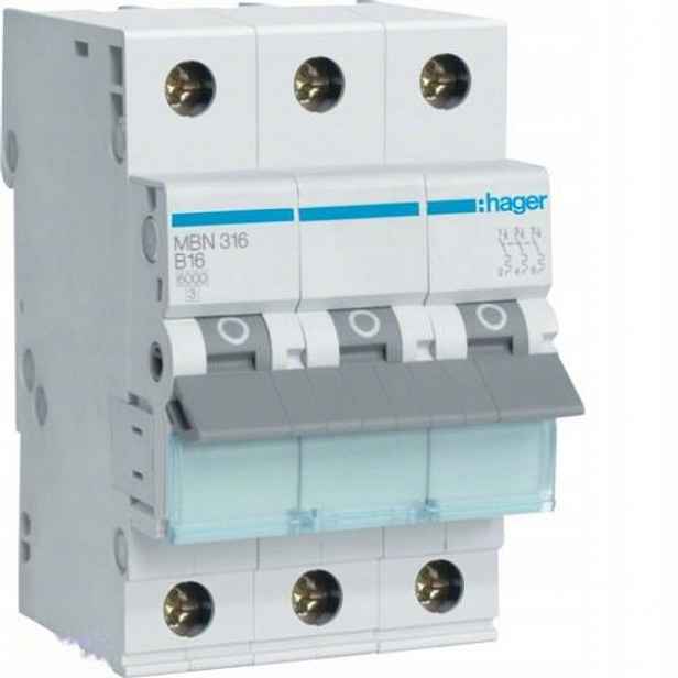 Hager nadproudový spínač 3P B 16A 6kA 3M MBN316