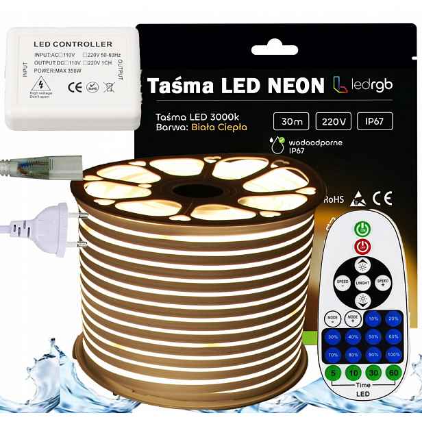 Set Led pásek Neon 230V 30m 3000K Bílý Teplý Napájecí Zdroj Dálkový Ovladač Ovladač