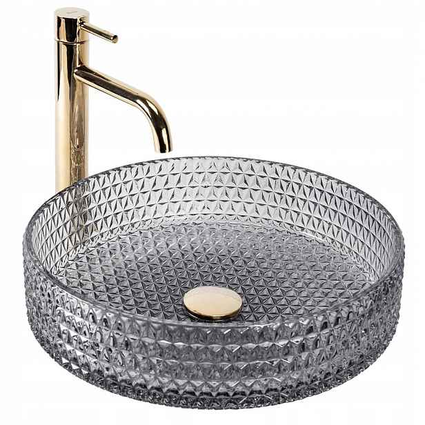 Skleněný umyvadlový top Rea Cristal Grey 39, kulatý, krystalově šedý