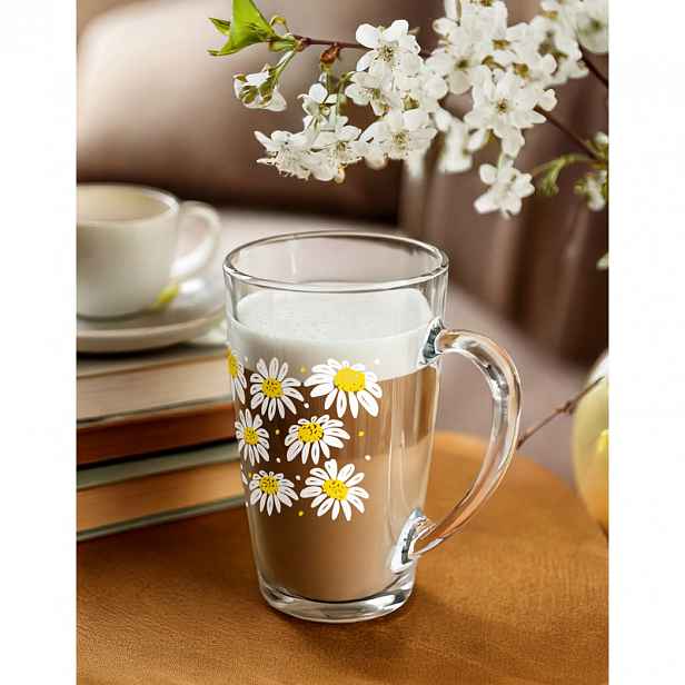 TEMU Skleněný hrnek Glasmark 400ml, průhledné sklo, sedmikráskový s bílými květy a žlutými středy, květinový motiv, okouzlující, dekorativní,