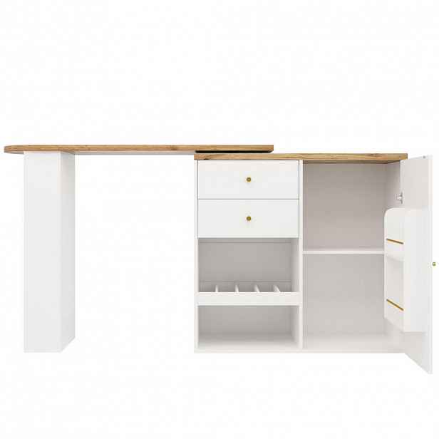 Redom BAROVÝ stůl 138/39/104 cm s otočným regálem, 4 zásuvkami a otevřeným úložným prostorem z MDF, Bílá