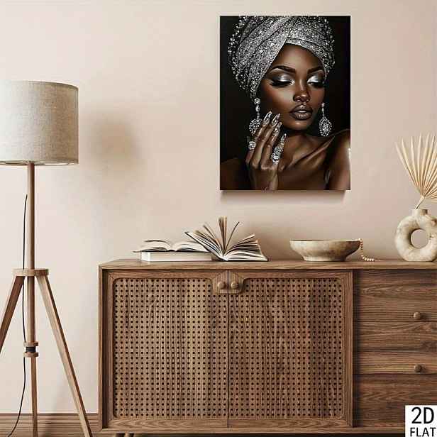 TEMU Dekorace do místnosti 1 ks, Africká žena se stříbrným třpytivým výšivkou, Bezrámové plátno na zeď, 11,8x15,7 palců, Elegantní dekorace do