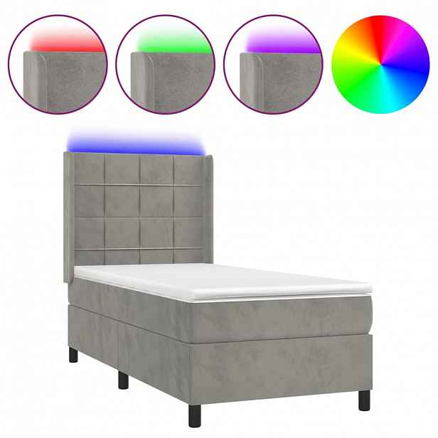vidaXL Box spring postel s matrací a LED světle šedá 100x200 cm samet