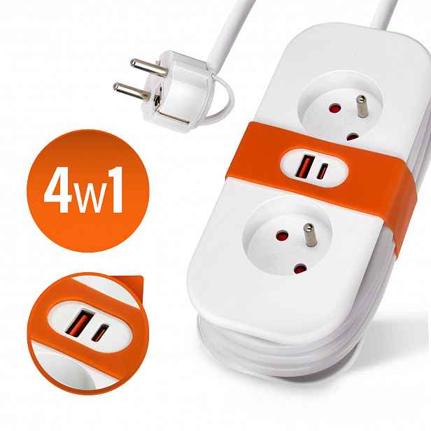 Prodlužovací Kabel 2 zásuvky 1,4 m s Plochou Zástrčkou, bílý s uzemněním 2x Usb