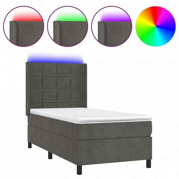 vidaXL Box spring postel s matrací a LED tmavě šedá 100x200 cm samet