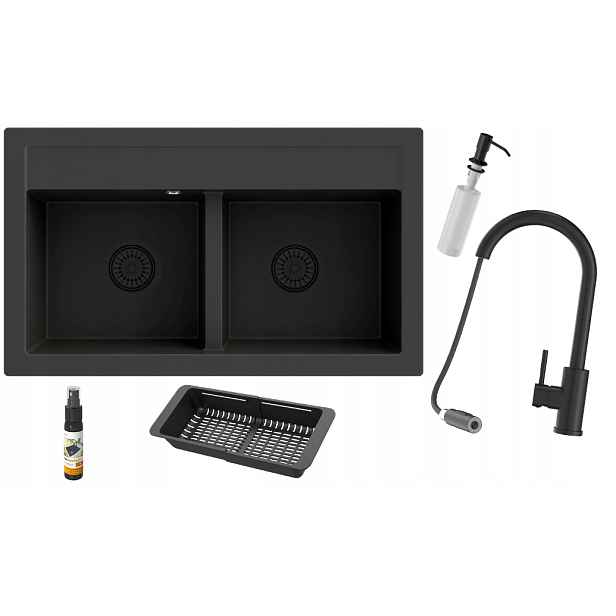 Granitový dřez Duet dvoukomorový set Černý Syfon Baterie Loseto
