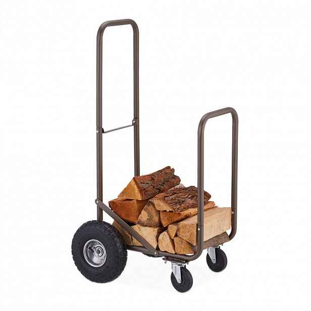 Relaxdays VOZÍK Hnědý na krbové dřevo ocelový s nafukovacími koly 108 cm