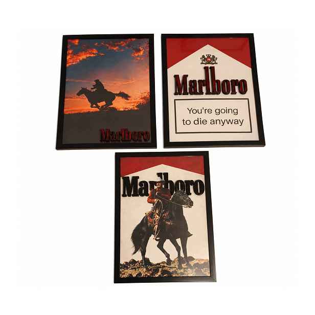 Sada 3 3D obrazů A4 Marlboro Kovboj Western Rámeček Černý Plakát 29,7x21
