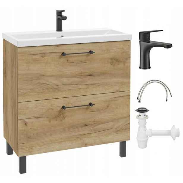 Koupelnová skříňka s umyvadlem a baterií a sifonem 80x80 cm Stojící dub Craft