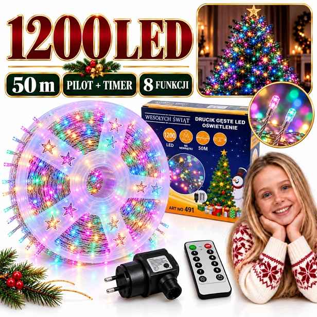 Vánoční Osvětlení Na Stromeček 1200 Led 50 M Multicolor Na Drátku Pilot Časovač 8 Režimů