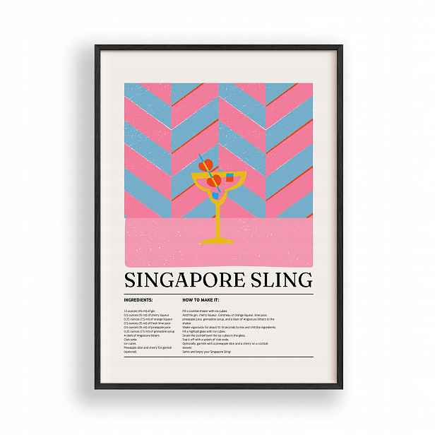 Obraz Singapore Sling Drink Plakát Rámeček Dřevěný Černý 30x42 cm