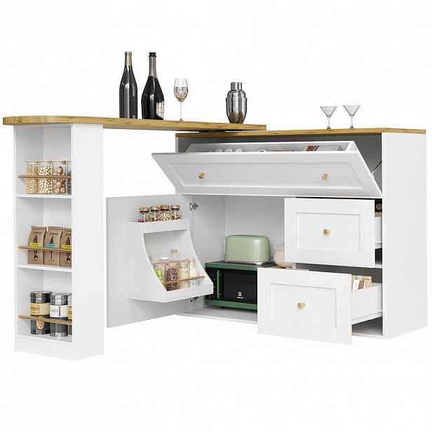 Modfu BAROVÝ stůl z MDF a kovu 138-204x39x105 cm bílý s úložným prostorem, otočnou deskou a výklopnými zásuvkami