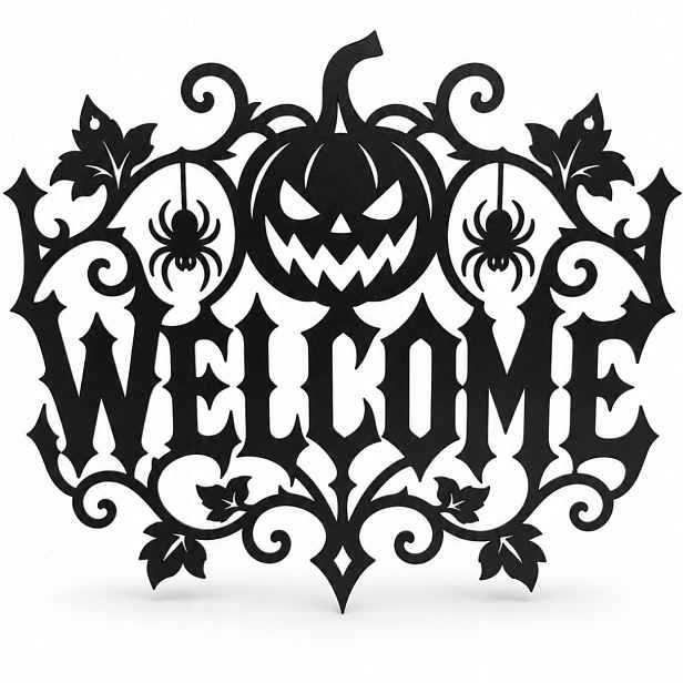 Kovová halloweenská dekorace Welcome velká 50x45 cm dýně pavouci plech 2 mm
