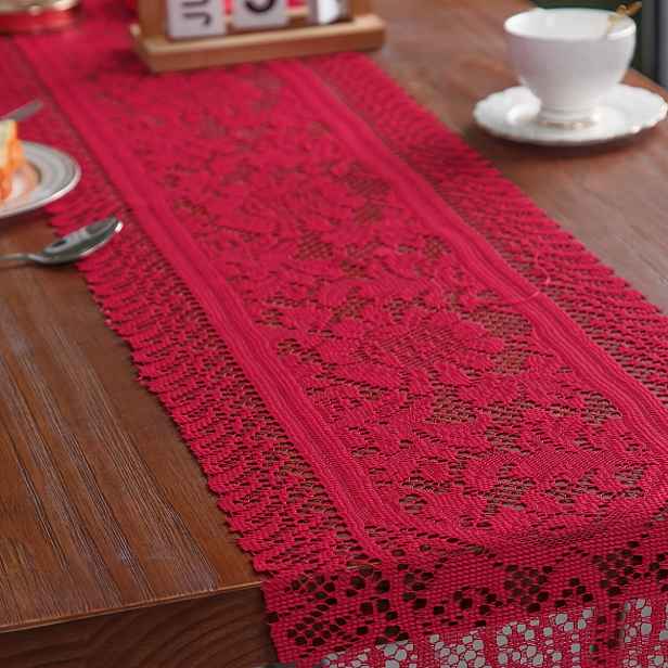 TEMU 1ks Krajkový vyšívaný jednobarevný běhoun se střapci, francouzský styl vintage, vhodný pro dekoraci stolů, použitelný na Vánoce a jiné svátky