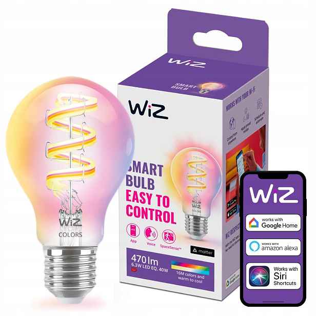 Led žárovka E27 A60 6,3W 40W Cct Rgb Filament Smart WiFi Aplikace WiZ