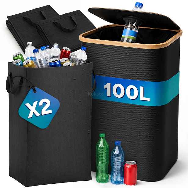 TEMU Kuketo - Sada 2x 100L Třídicích Odpadkových Pytlů s Víkem a Velkými Uchy, Skládací Kontejner na Plast, Sklo, Papír a Plechovky, Odolná Oxfordská