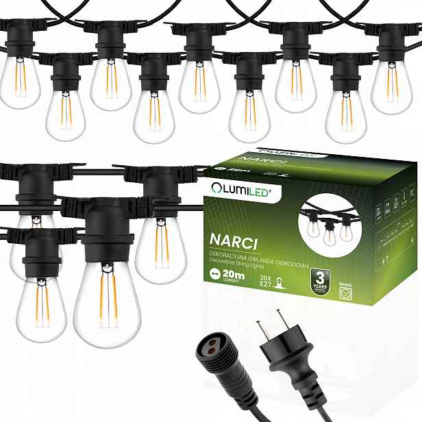 Venkovní zahradní girlanda s řetězem Filament 20 m 20LEDxE27 Premium