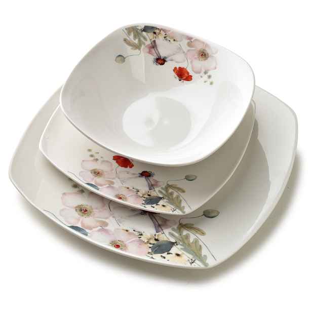 Jídelní set 18 ks čtvercový porcelánový s květinami pro 6 osob