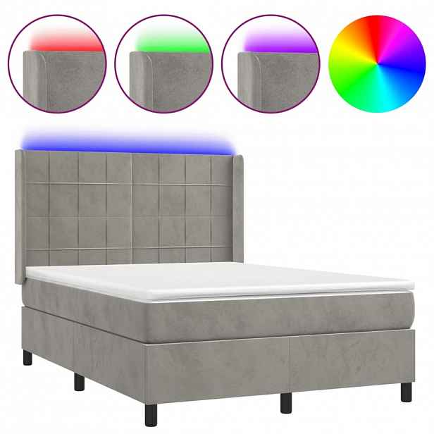 vidaXL Box spring postel s matrací a LED světle šedá 140x200 cm samet