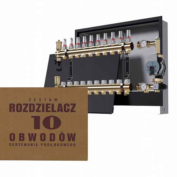 Rozdělovač pro podlahu 10 okruhů se skupinou Wilo, podomítkový box, černý
