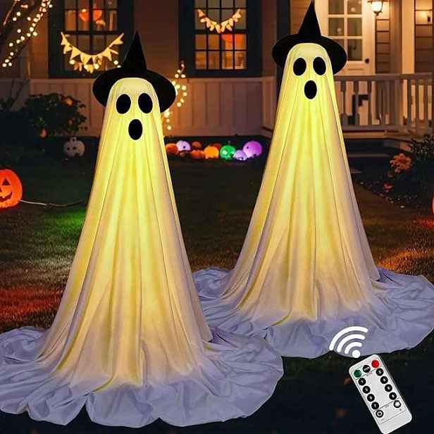 Halloween Duch s Led svítícím kloboukem, interaktivní dekorace, 2 ks